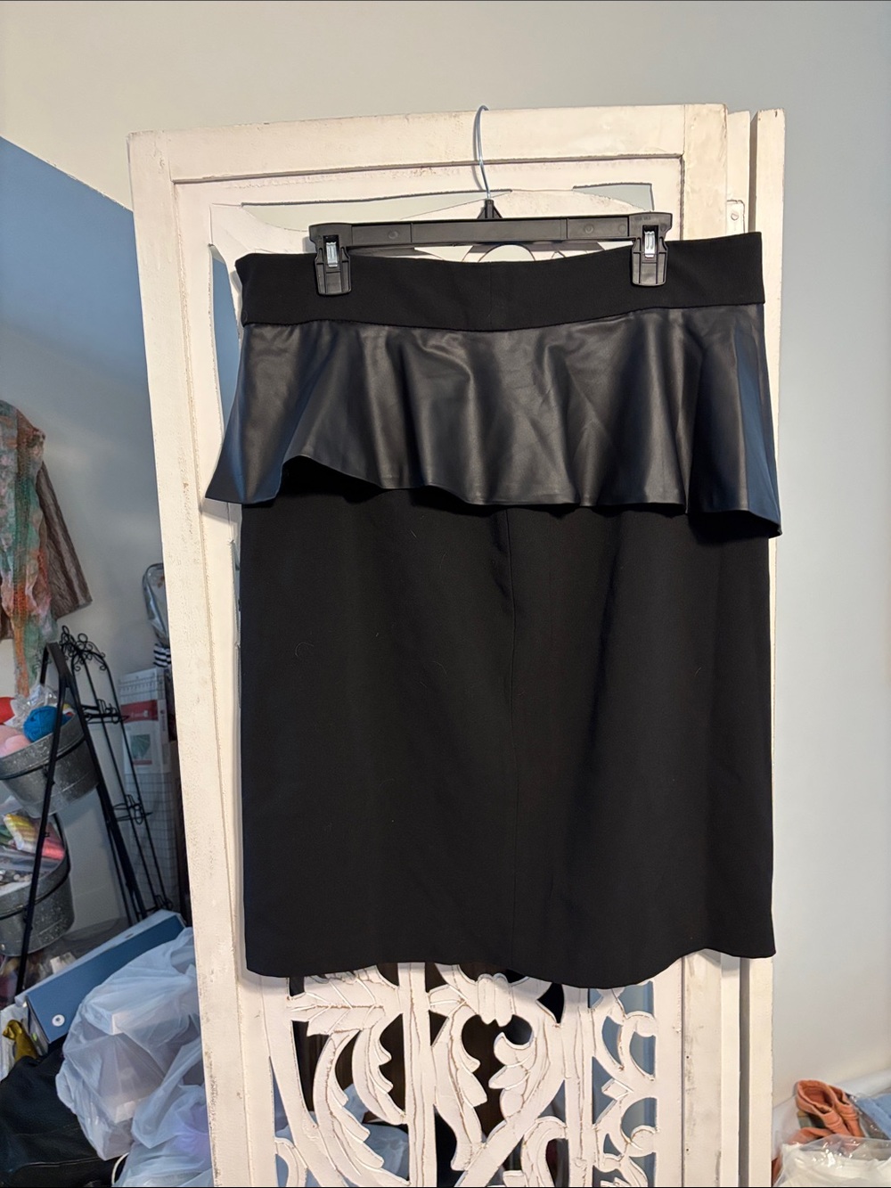 Faux Leather Trim Black Peplum Pencil Skirt